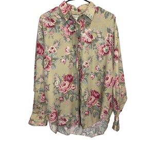 Vintage Banana Republic Tan Floral Button Up Blouse Size Large